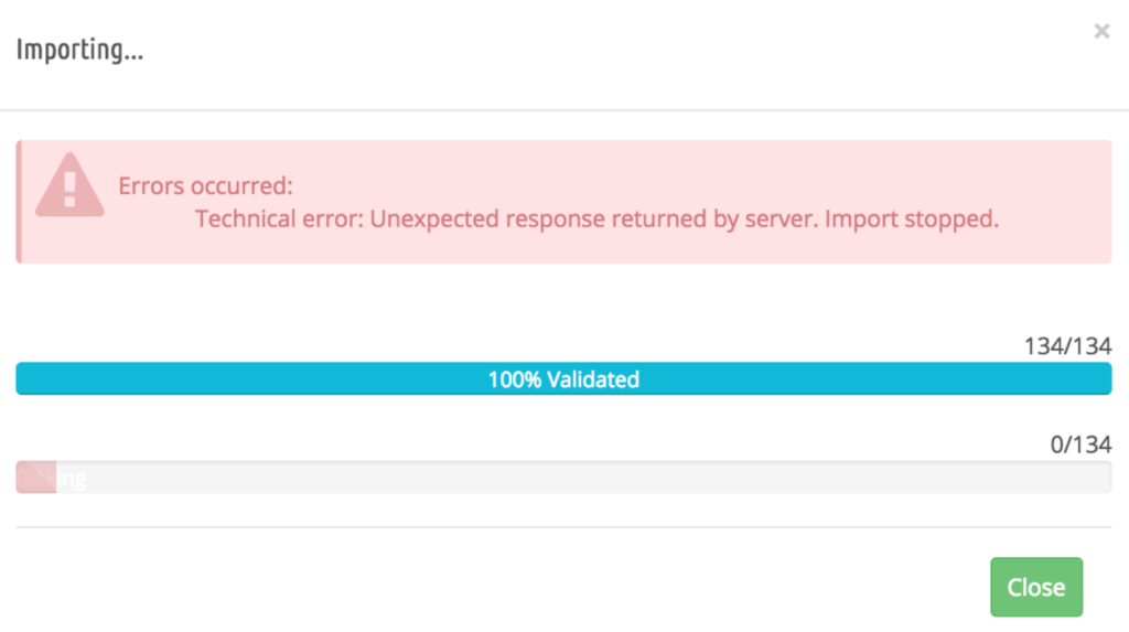 Technical error message when importing