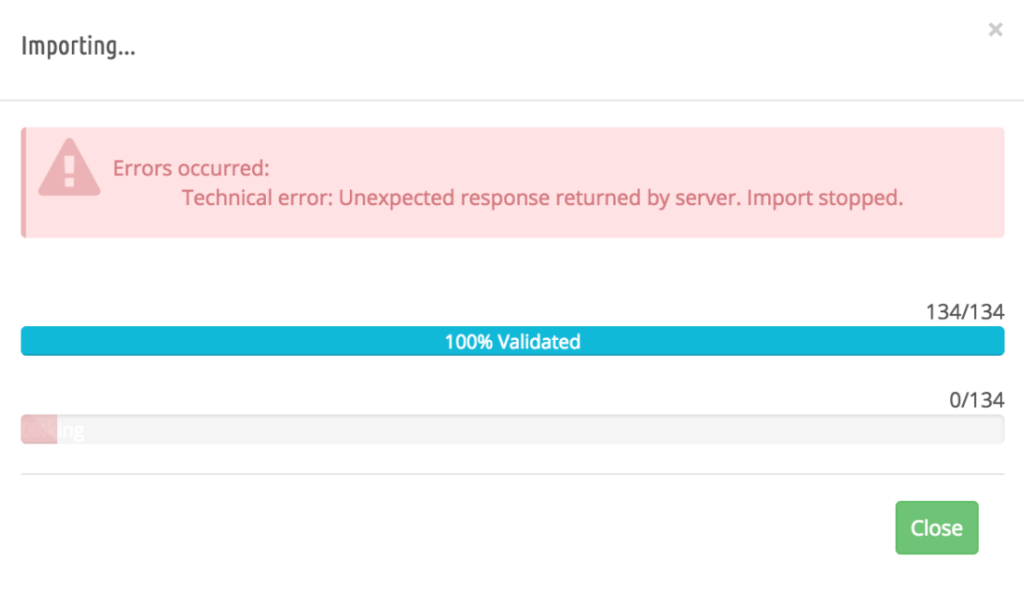 Technical error message when importing data